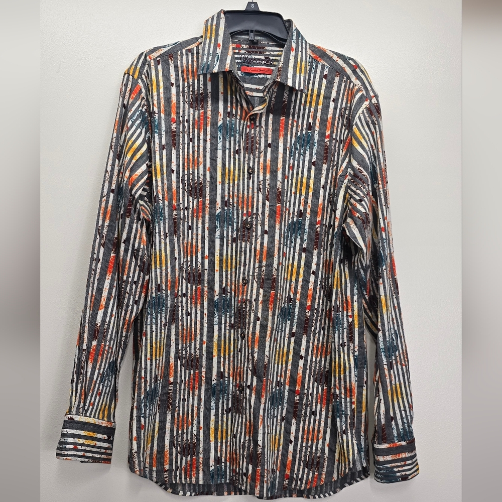 VISCONTI XL Shirt Button Down Textured Fall Leaves Print Striped Office Business